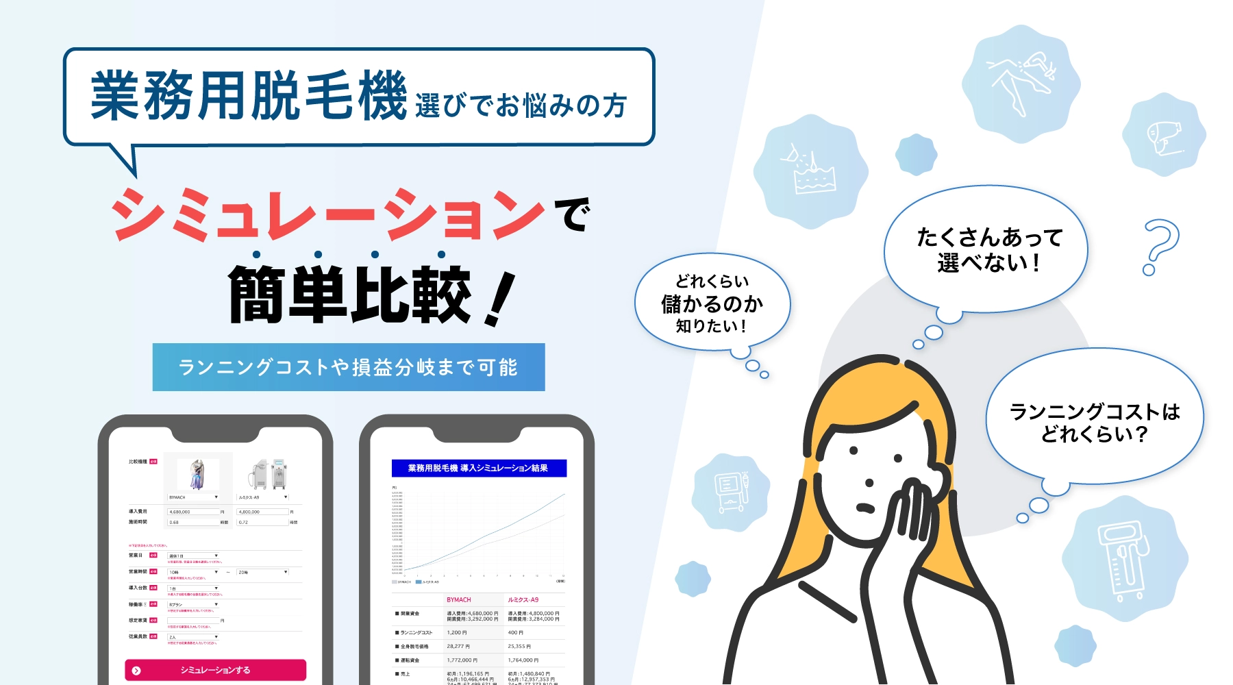 業務用脱毛機選びでお悩みの方 シミュレーションで簡単比較!
