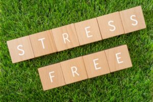 「STRESS FREE」と書かれた木のブロック